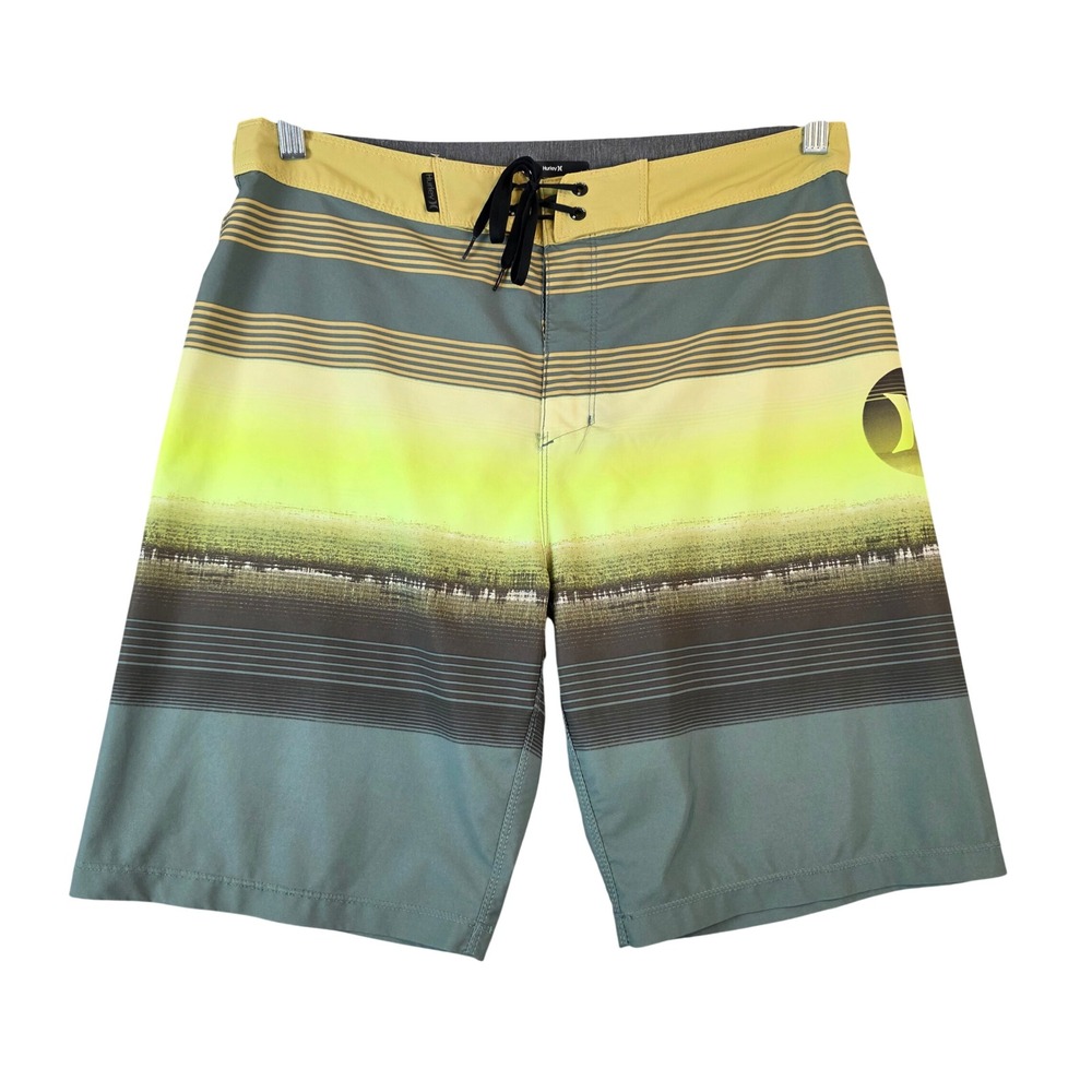 Hurley Phantom Board Shorts Mens 31 Highlighter Green Yellow Striped Swim Trunks